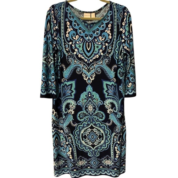 Chico's Dresses & Skirts - Chico’s Paisley Dress Size 1 (Medium) Blue 3/4 Sleeves Stretch Vacation